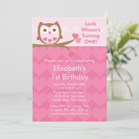 ピンクハートフクロウ子供の誕生日招待状 招待状 (スタンド正面)