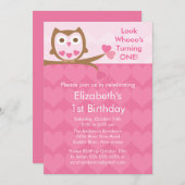 ピンクハートフクロウ子供の誕生日招待状 招待状 (正面/裏面)