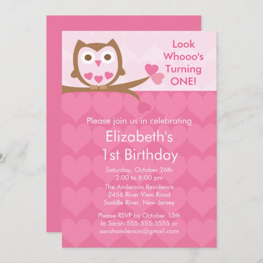 ピンクハートフクロウ子供の誕生日招待状 招待状 (正面/裏面)