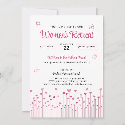 ピンクハートフラワーズウィメンズチャーチリトリート 招待状 (正面)