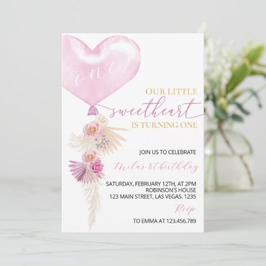 ピンクハートフローラバレンタイン誕生日 招待状 (スタンド正面)
