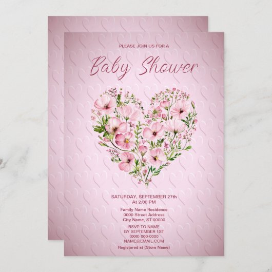 ピンクハートフローラベビーシャワー招待状 招待状 (正面/裏面)