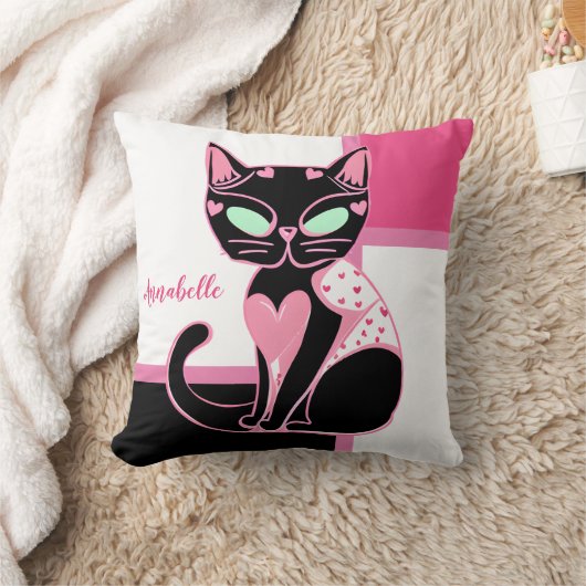 ピンクハートブラックキャット装飾用クッション クッション (ブランケット)