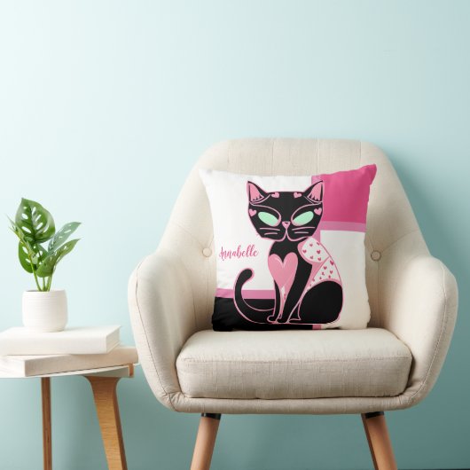 ピンクハートブラックキャット装飾用クッション クッション (椅子)