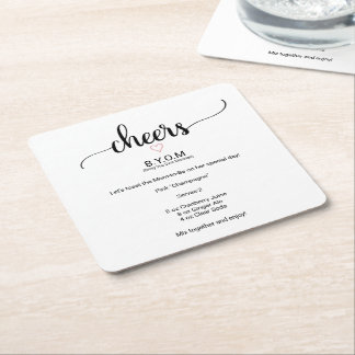 ピンクハートブラック書道ベビーシャワーモックテール スクエアペーパーコースター