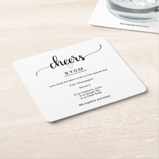 ピンクハートブラック書道ベビーシャワーモックテール スクエアペーパーコースター (アングル)