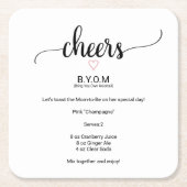 ピンクハートブラック書道ベビーシャワーモックテール スクエアペーパーコースター (正面)