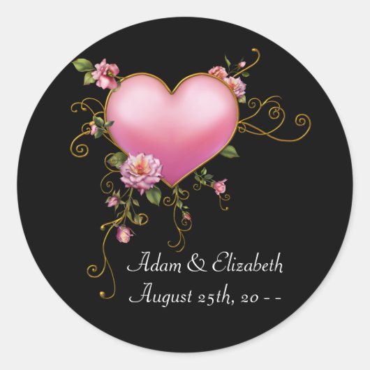 ピンクハートブラック結婚式の引き出物ラベルシール ラウンドシール (正面)