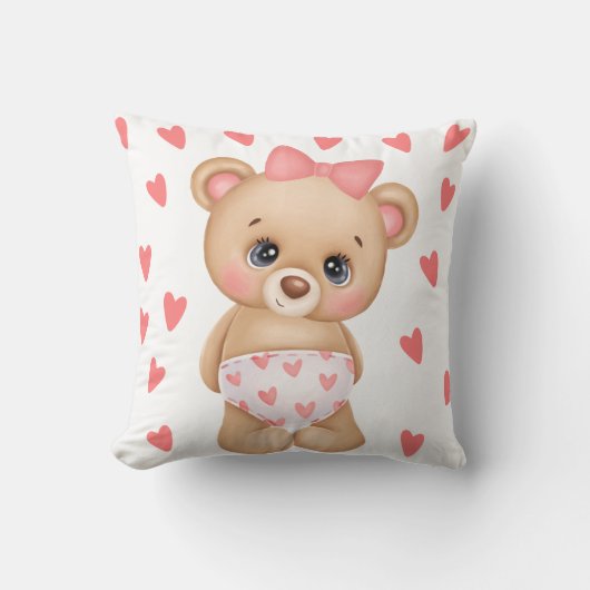 ピンクハートプリントテディベア装飾用クッション クッション (正面)