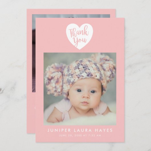 ピンクハートベビーガールありがとう誕生 案内状 (正面/裏面)