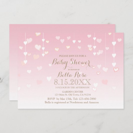 ピンクハートベビーガールベビーシャワー招待状 招待状 (正面/裏面)