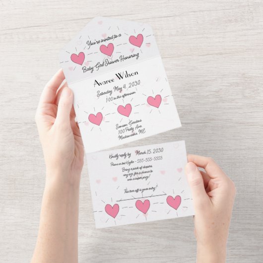 ピンクハートベビーシャワー招待状 オールインワン招待状 (貼ってはがせる)