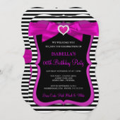 ピンクハートボウ白黒ストライプバースデーパーティー 招待状 (正面/裏面)