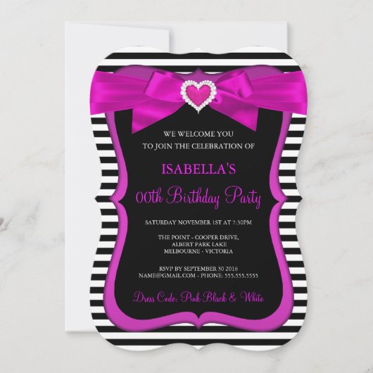 ピンクハートボウ白黒ストライプバースデーパーティー 招待状 (正面)