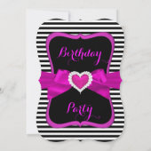 ピンクハートボウ白黒ストライプバースデーパーティー 招待状 (裏面)