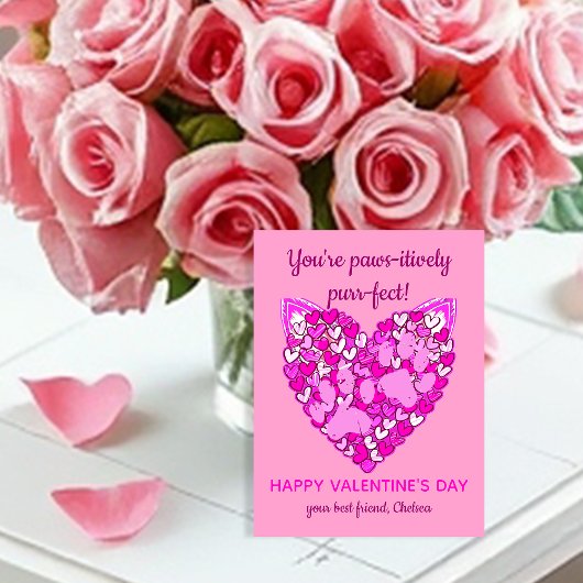 ピンクハートポーズキャット/ドッグ動物愛好家バレンタイン ポストカード