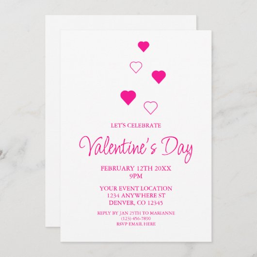 ピンクハートミニマリストバレンタインデーパーティー 招待状 (正面/裏面)