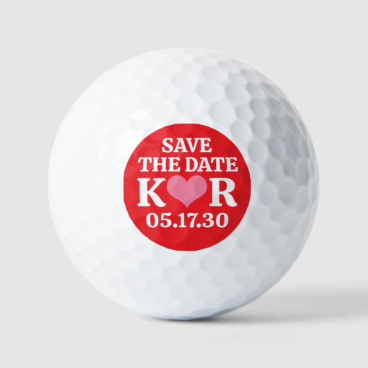 ピンクハートモノグラム赤背景 SAVE THE DATE ゴルフボール (正面)
