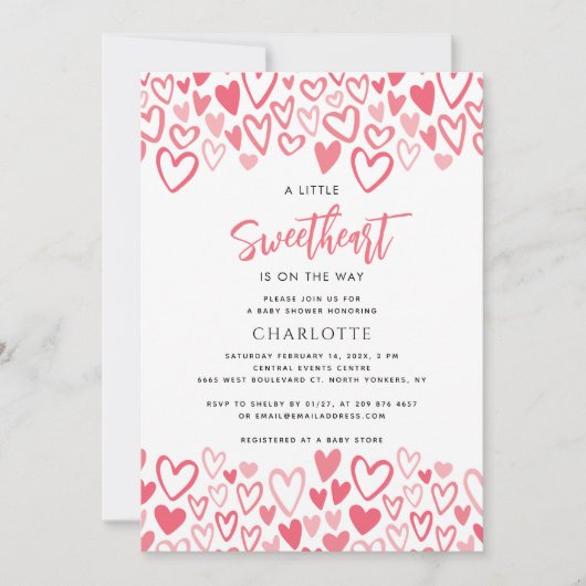 ピンクハートリトルスウィートガールベビーシャワー 招待状 (正面)