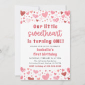 ピンクハートリトルスウィートフォトファースト誕生日 招待状 (正面)