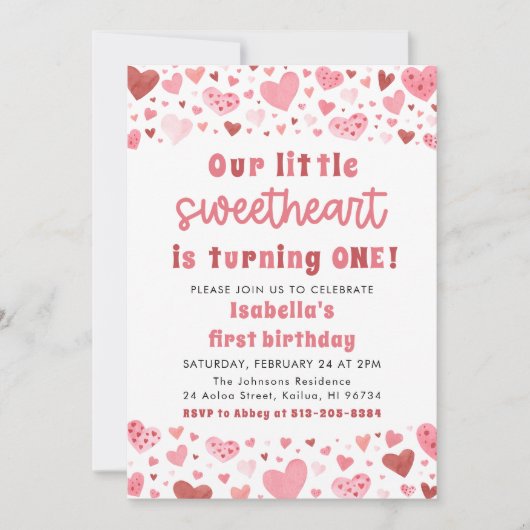 ピンクハートリトルスウィートフォトファースト誕生日 招待状 (正面)