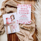 ピンクハートリトルスウィートフォトファースト誕生日 招待状