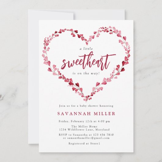 ピンクハートリースリトルスウィートベビーシャワー 招待状 (正面)