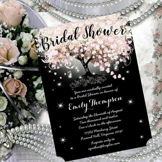 ピンクハートリーフツリーブライダルシャワー 招待状