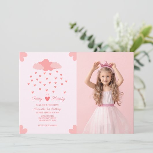 ピンクハートレインディライト誕生日写真 招待状 (スタンド正面)