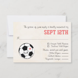ピンクハート付きモノグラムサッカー結婚式RSVPカード 出欠カード