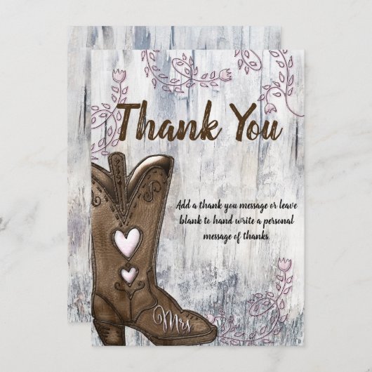 ピンクハート女性のカーボーイブーツブライダルシャワーありがとう 招待状 (正面/裏面)