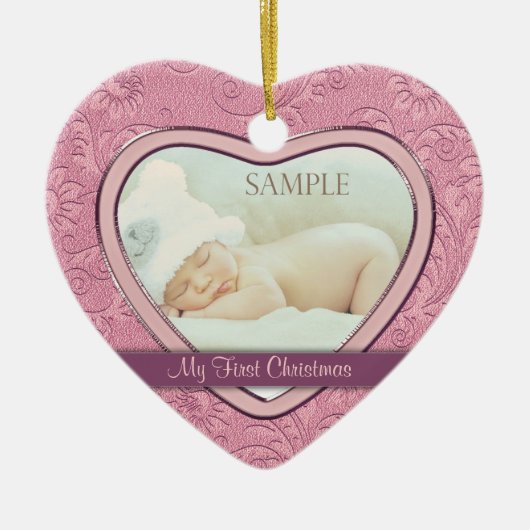 ピンクハート旋回ベビー初めてのクリスマス セラミックオーナメント (正面)
