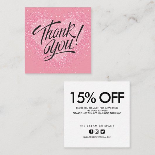 ピンクハート書道割引ありがとう スクエア名刺 (正面/裏面)