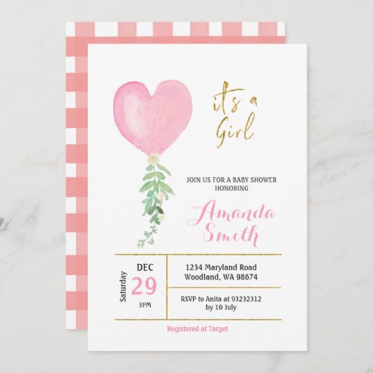 ピンクハート水色バルーンガールベビーシャワー 招待状 (正面/裏面)