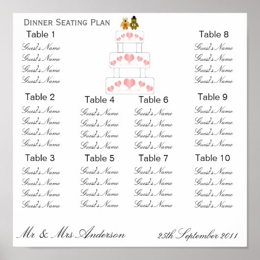 ピンクハート結婚ズのディナーシーティングプラン ポスター (正面)