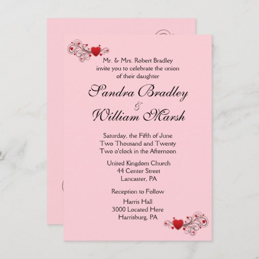 ピンクハート結婚式招待状 招待状 (正面/裏面)