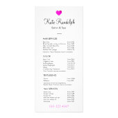 ピンクハート美容師ホワイトプライスリストメニュー ラックカード (正面)