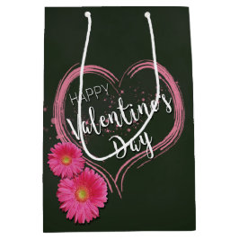 ピンクハート花バレンタインデー中抱き枕 ミディアムペーパーバッグ