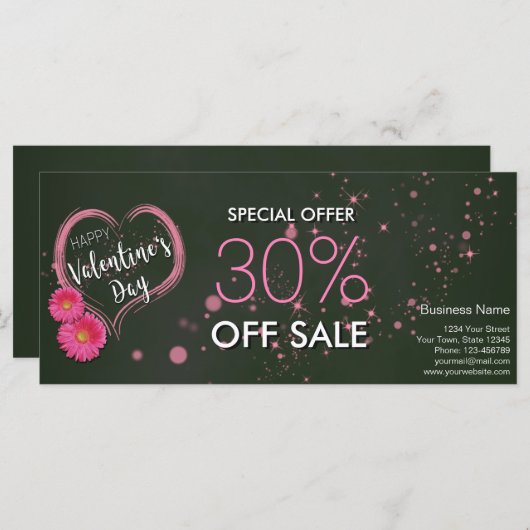 ピンクハート花バレンタインデー割引カード (正面/裏面)