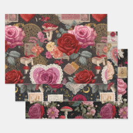 ピンクハート薔薇花柄ヴィンテージ包装 ラッピングペーパーシート