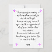 ピンクハート蝶ガールベビーシャワー サンキューカード (裏面)