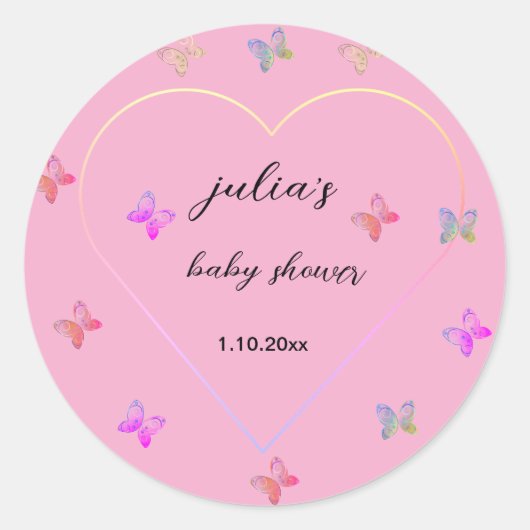 ピンクハート蝶ガールベビーシャワー ラウンドシール (正面)