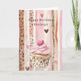 ピンクハート豹柄カップケーキのコンフェッティ誕生日 カード