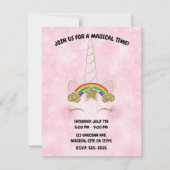 ピンクハート金ゴールドレインボースターユニコーンホーン顔 招待状 (裏面)