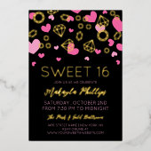 ピンクハート&ゴールデンジェムズスウィート16 箔招待状 (正面)