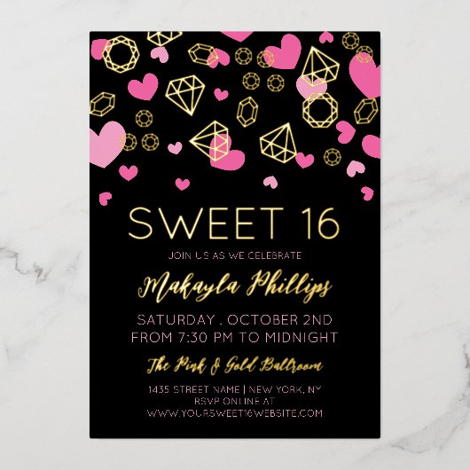 ピンクハート&ゴールデンジェムズスウィート16 箔招待状 (正面)