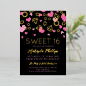 ピンクハート&ゴールデンジェムズスウィート16 箔招待状 (立ち正面)