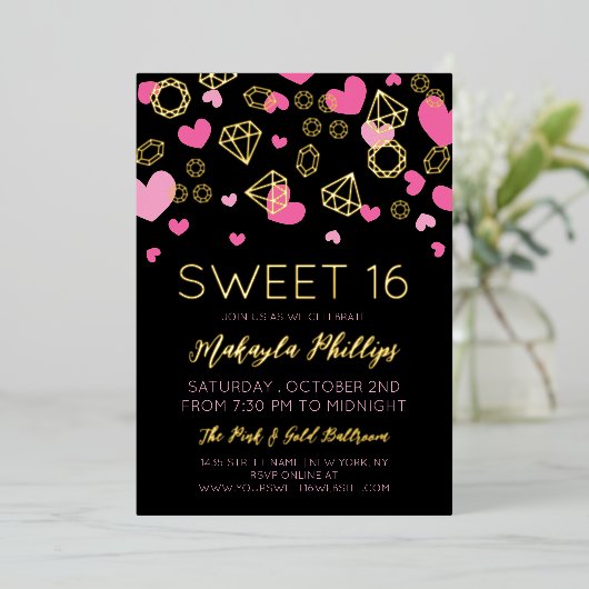 ピンクハート&ゴールデンジェムズスウィート16 箔招待状 (立ち正面)