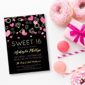 ピンクハート&ゴールデンジェムズスウィート16 箔招待状
