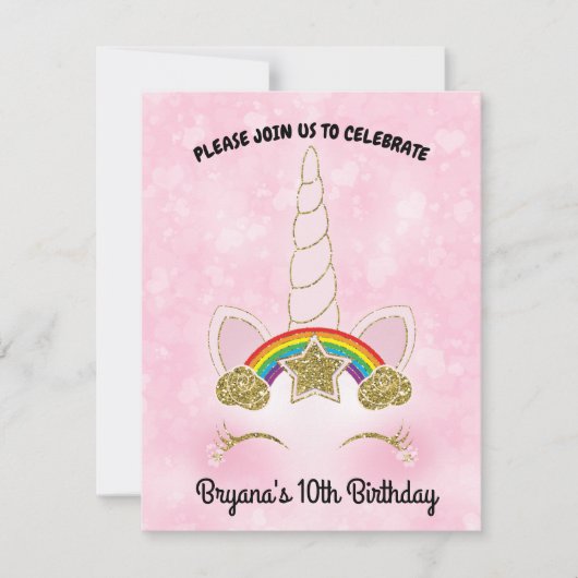ピンクハート ゴールド レインボー スター ユニコーンの角 フェイス 招待状 (正面)